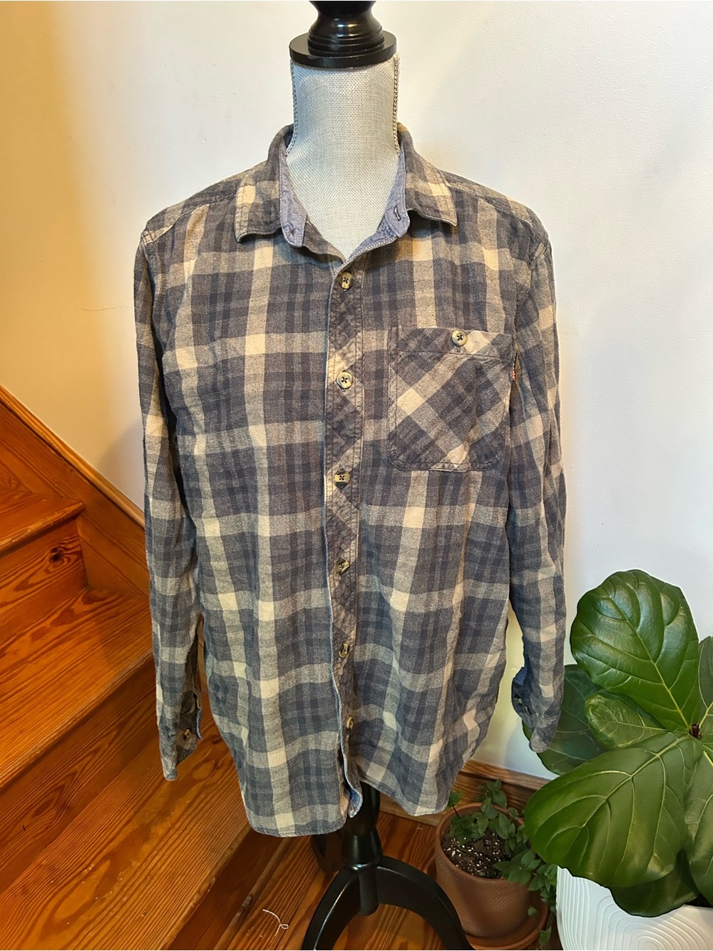 Timberland Men's Blue and Cream Plaid Button-Down Shirt
